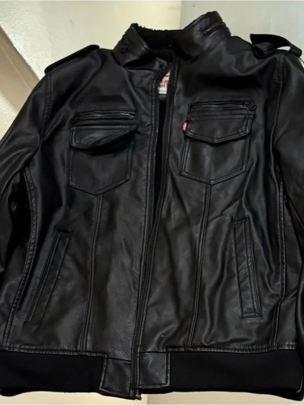 XL Levi’s Men's Faux Leather Sherpa-Lined Aviator Bomber Jacket Black
